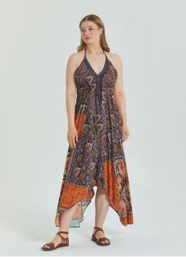 V Neck Backless Halter Neck Coffee Plus Size Dress 4662